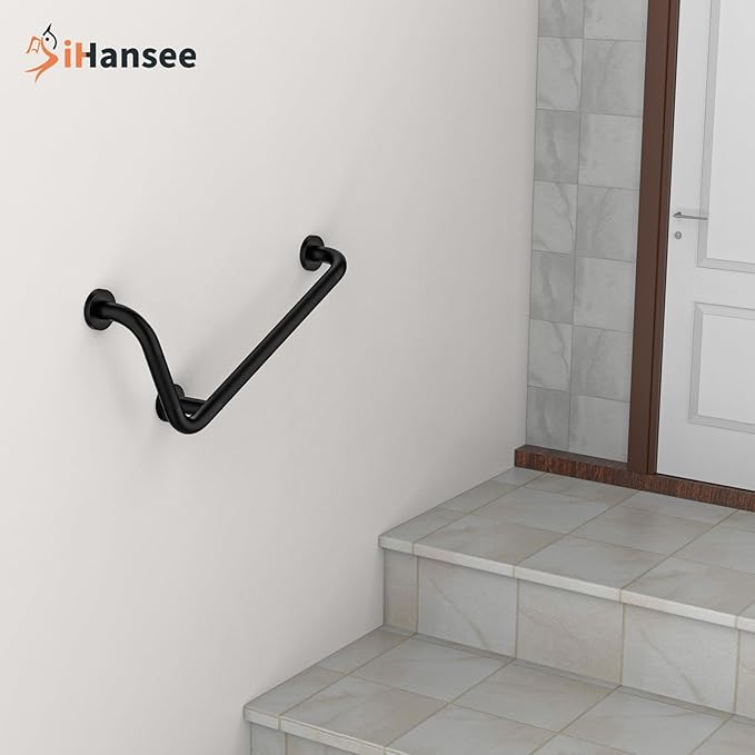L-Shaped Angled Grab Bar 12x24 Inch Matte Black Anti-slip Knurled Shower Handles Wall Mount, 1.25" Diameter Shower Bars for Seniors Injured Balance Support, Handicap Grab Bars for Bathtubs and Showers