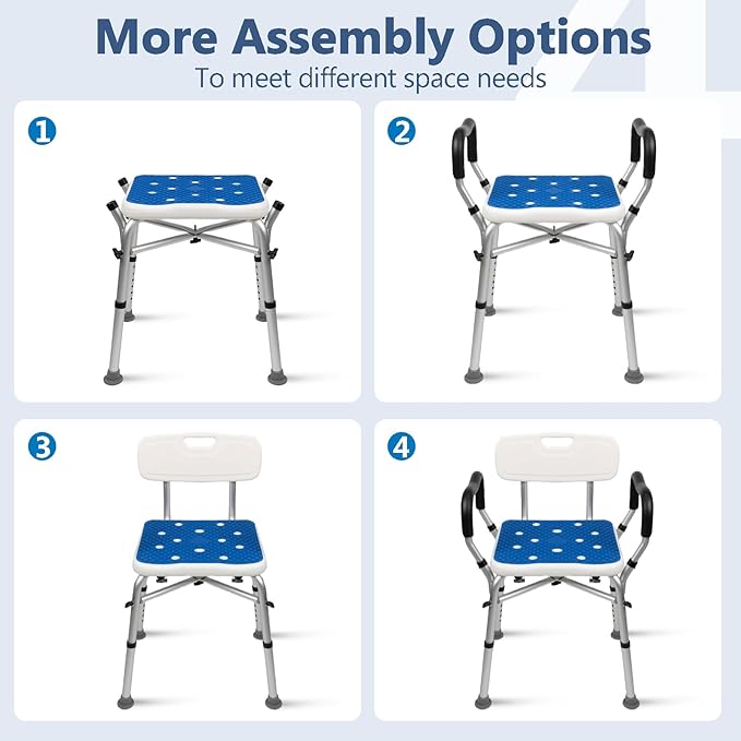 Shower Chair for Inside Shower 500lbs - Bariatric Shower Seat with Arms & Back, 6 Height Adjustment & Reinforced Crossbars for Elderly/Disabled Adults, Blue