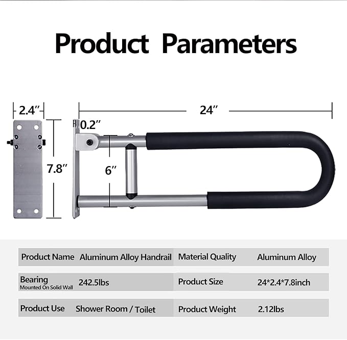 23.6 inch Foldable Handrail Grab Bars, Wall Mounted Toilet Safety Support for Handicap Elderly Seniors Disabled, Shower Bathroom Accessories…