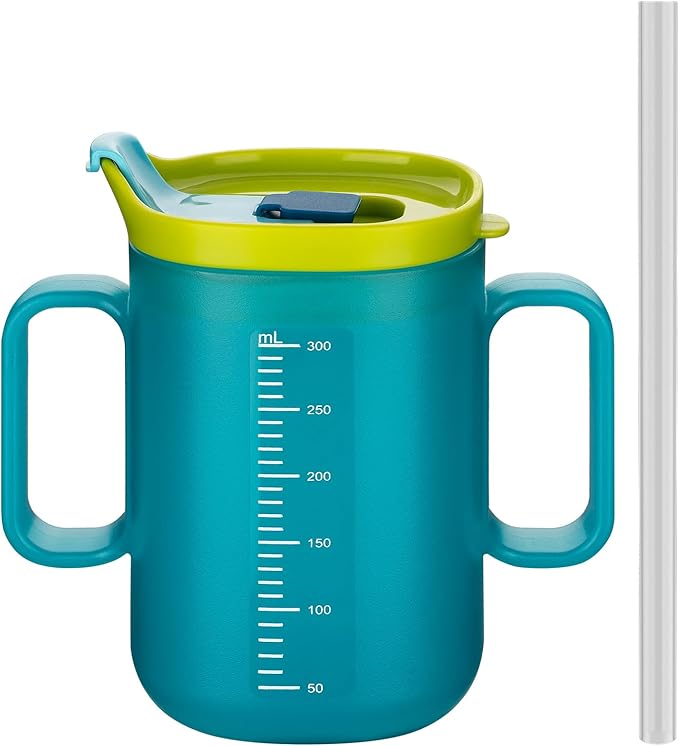VOPHIA Senior Water Cup Sippy Cups for Elderly, Safe Silicone Spill Proof Cups with 2 Handles Straw and Lid for Adults for Hospital Patients, Elderly, Pregnant, and Disabled (Blue-1 Pack)