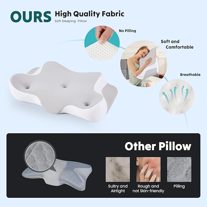 DUMOS Cervical Neck Pillow for Sleeping, Cooling Ergonomic Memory Foam Pillow with Arm Rest Slot and Ice Silk Pillowcase, Dual Height Orthopedic Support Contour for Side, Back, Stomach Sleepers