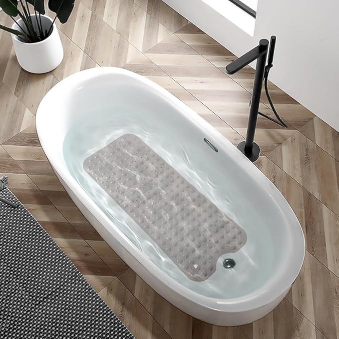 Linoows Bathtub and Shower Mats, Extra Long Non-Slip Bath Tub Mat 39 x 16 Inch, Machine Washable Bathmat with Suction Cups & Drain Holes for Bathroom Floor, Tan