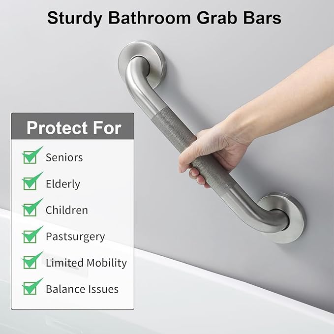 16 Inch Shower Grab Bars for Seniors, 2 Pack Brushed Nickel Stainless Steel ADA Grab Bars with 1.25'' Diameter Anti-Slip Textured Surface, Shower Safety Hand Rails for Elderly Handicapped