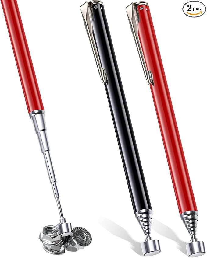 Patelai 2 Pieces Telescoping Magnetic Pick up Tool Grabbers Reacher Tools with Pocket Clip 25 Inch Telescopic Retrieving Magnet Gift for Man, Father, Mechanic, Handyman, Husband (Black,Red)