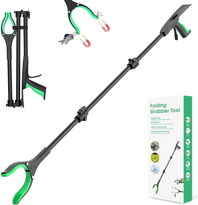 51" Heavy Duty Grabber Reacher Tool for Seniors/Disabled/After Surgery Recovery, Extra Long Foldable Reach Grabber with Shoehorn & 360°Rotating Anti-Slip Claw & Magnetic Tip, Black&Green