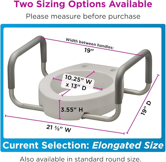 NOVA Raised Toilet Seat with Handles for Seniors – Elongated Toilet Riser with Safety Grab Bars, Elevated Toilet Seat for Elderly, Disabled & Post-Surgery Support - Elongated Toilet