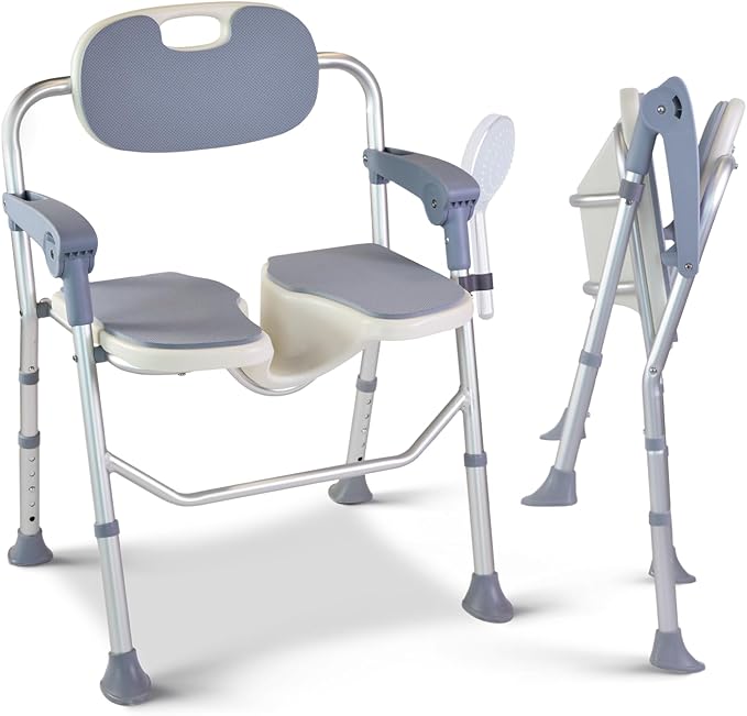 Medwarm Folding Shower Chair, U Shape Shower Chair with 5-Level Adjustable, Non-Slip Feet for Private Washing, Elderly, Disabled, Seniors & Pregnant, Heavy Duty Shower Chair
