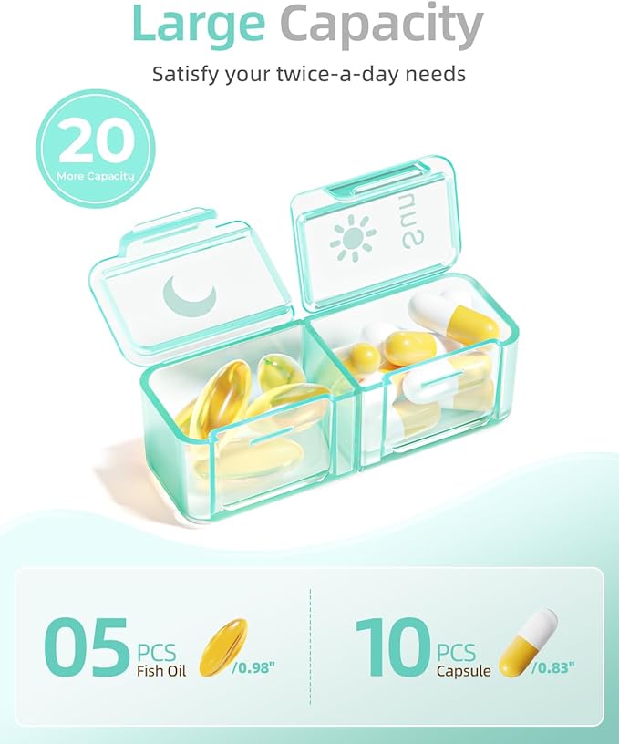 AM PM Pill Organizer 2 Times A Day, 7 Day Pill Box Weekly Pill Organizer Travel with Separate Container, Portable Daily Medicine Planner Dispenser Case for Vitamin, Fish Oils, Supplements（Green）