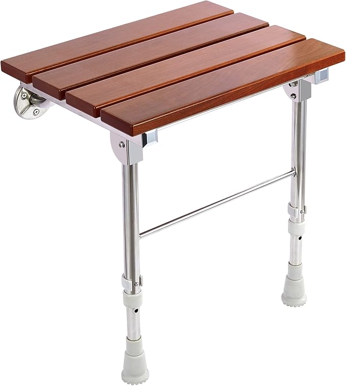 Folding Shower Seat Wall Mounted with Legs, Foldable Shower Chair for Inside Shower, Fold Down Shower Bench for Seniors (Wood, Height Adjustable)