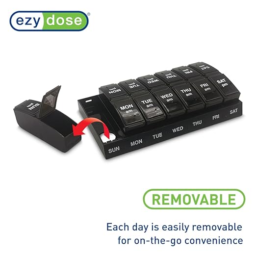 EZY DOSE Weekly, AM/PM Daily Pill Organizer, 7-Day Medicine Planner, Vitamin Container, Small Pop-Out Compartments, 2 Times a Day Pill Holder, Black, Travel-Friendly, BPA Free
