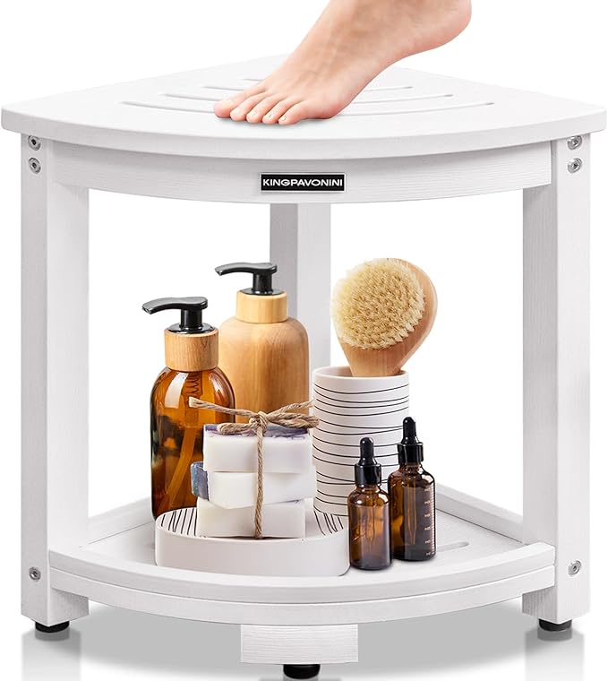 KingPavonini Waterproof Corner Shower Stool for Inside Shower, Anti-Fading Shower Bench for Shaving Legs, HDPS Anti-Fracture Shower Seat with Storage Shelf, Rapid Assembly, Load 400 Pounds