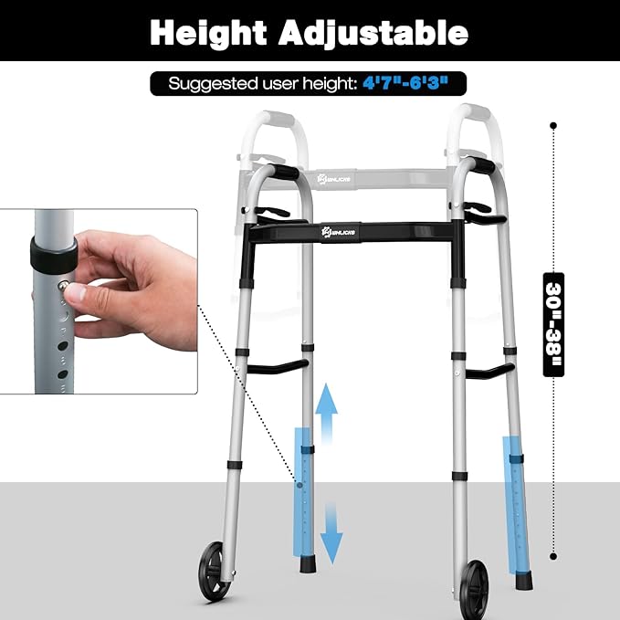 Whlicks Folding Walkers for Seniors,Aluminum Lightweight Walkers with Wheels, Adjustable Width and Height Front Wheel Walker for Elderly and Disabled, Supports up to 350 lbs
