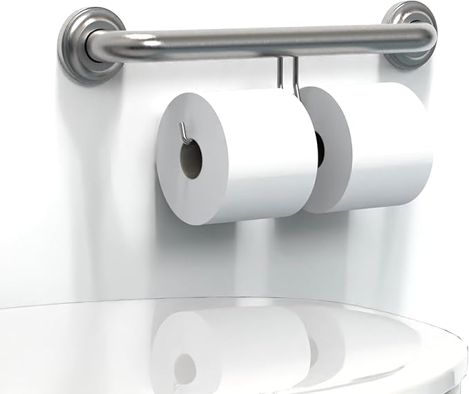 ADA Compliant Grab Bar with Toilet Paper Holder (2 Mega Rolls), 500lbs Weight Support, 1-1/4 x 16 inch for Stud Mount, Brushed Nickel