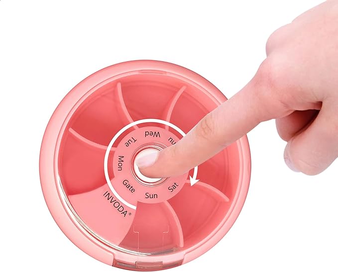 INVODA Weekly Pill Organizer 7 Compartment Rotating Pill Box for Daily Medication & Vitamins - Portable Travel Pill Case Fish Oil Supplements Vitamins Organizer (Pink)
