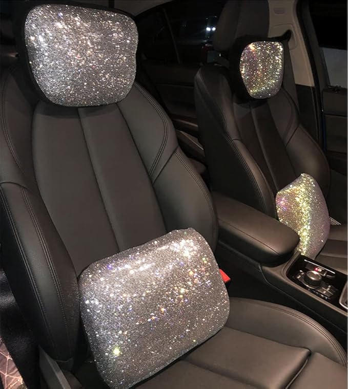 Carwales Lumbar Support Pillow Summer Decorative for Car Soft Bling Accessories Sparkly Diamond Rhinestone for Women Girls, Universal Office Chair Lower Back Cushion Rubber Black