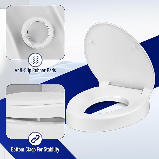Raised Toilet Seat 3 Inch for Standard Elongated Toilets 18–19 Inch Bowl Length, Not Compatible with Round or One-Piece Toilets, Slow-Close Lid, Non-Slip Stable Design, 772 lb Capacity