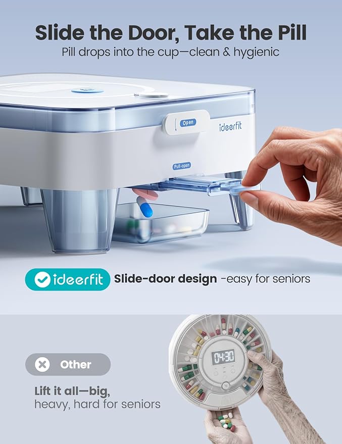 28-Day(1X) Automatic Pill Dispenser – One-Press Daily Dispense (No APP), Easy-to-Use Slide-Door Cup, Sound & Light Alerts, Moisture-Proof Dual Desiccants, Large Compartments for Tablets & Capsules
