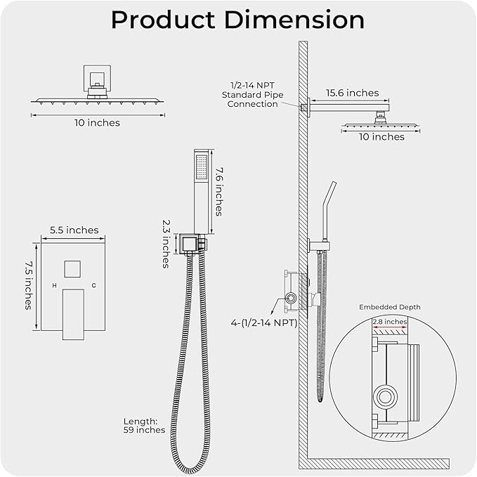 Chrome Shower Faucet Set, 10 inch Rain Shower System with Pressure Balance Valve, Wall Mounted 2-Functions Bathroom Shower Systems with Rain Shower and Handheld Spray Shower Trim Included