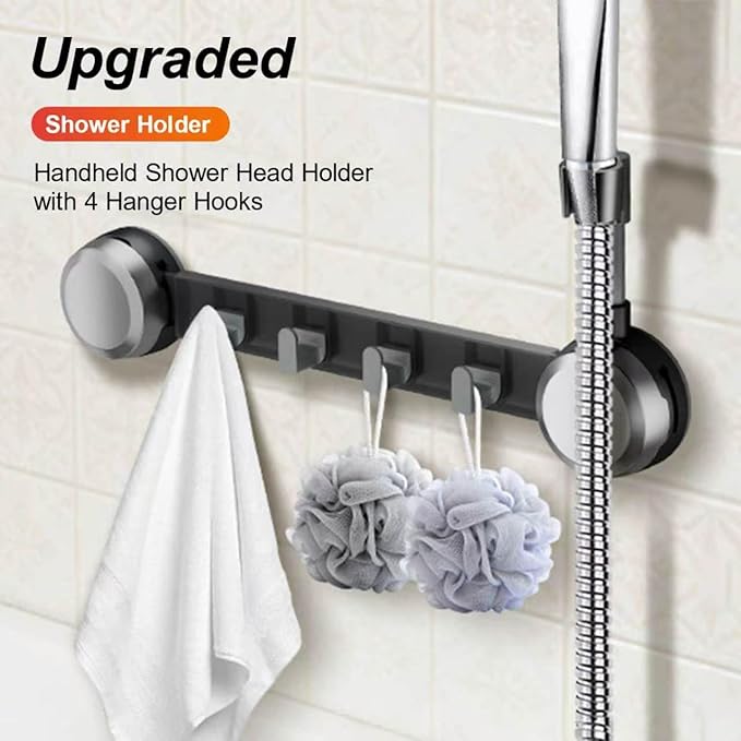 Shower Head Holder Suction Cup with 4 Hanger Hook Wall Mount - 2 in 1 Design - No-Drill Strong Adhesive Shower Wand Bracket - Adjustable Handheld Shower Head Mount - Gun Gray