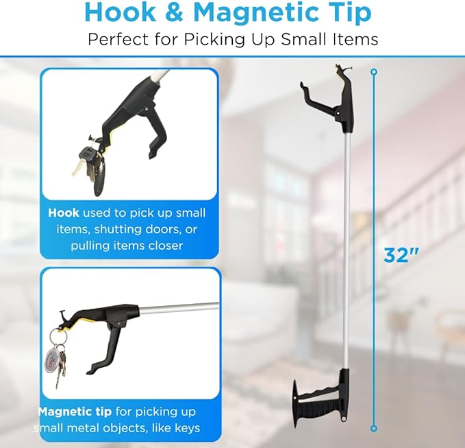 NOVA Reacher Grabber Tool for Seniors – 32” Lightweight Pick Up Stick with Rotating Claw, Magnetic Tip & Hook, Easy-Grip Handle, Daily Living Aid for Limited Mobility, 2-Pack