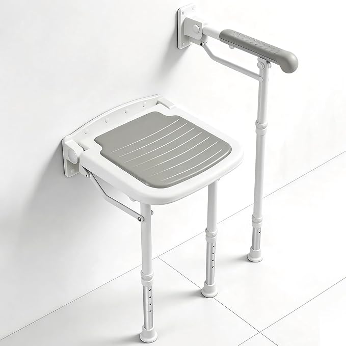 Folding Shower Seat with Adjustable PU Grab Bar, 550lbs Heavy Duty Fold Down Bath Bench with Legs, Non-Slip Comfort Grip and Removable Cushion, Wall Mounted Chairs for Seniors