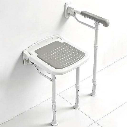 Folding Shower Seat with Adjustable PU Grab Bar, 550lbs Heavy Duty Fold Down Bath Bench with Legs, Non-Slip Comfort Grip and Removable Cushion, Wall Mounted Chairs for Seniors