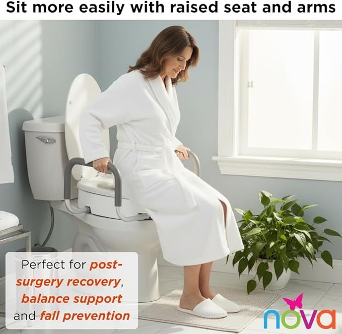 NOVA Raised Toilet Seat with Handles for Seniors – Elongated Toilet Riser with Safety Grab Bars, Elevated Toilet Seat for Elderly, Disabled & Post-Surgery Support - Elongated Toilet