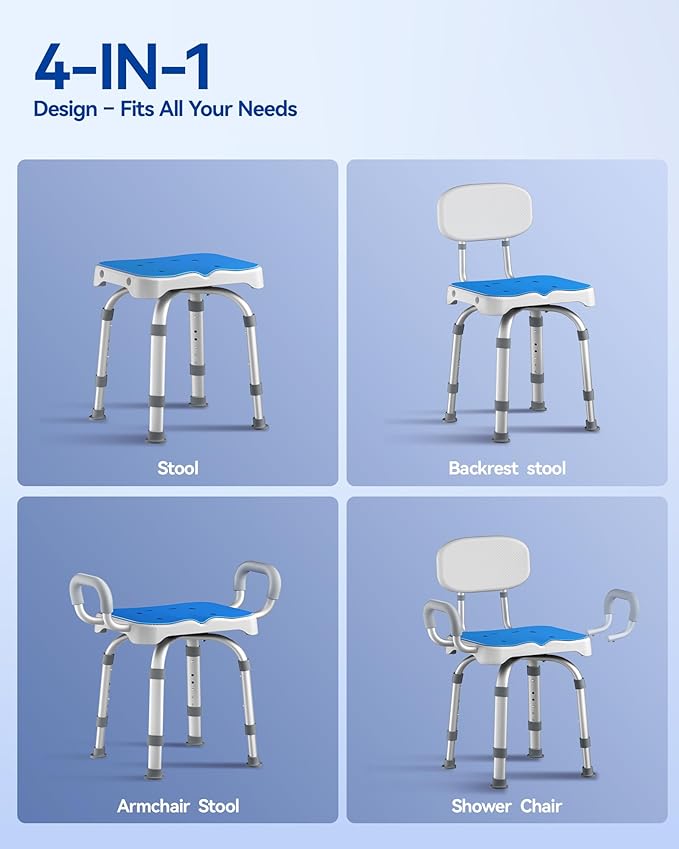 KingPavonini Swivel Shower Chair with Arms and Back, 550 lbs Heavy-Duty Shower Chair for Inside Shower Stall and Tub, Anti-Slip M-Shaped Seat & Height Adjustable Shower Seat for Elderly and Disabled