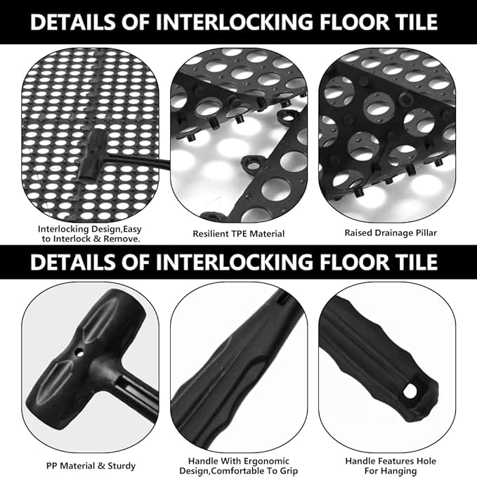 30 Pack Drainage Interlocking Tiles, 12”x12” Modular Interlocking Floor Tiles with 1 Pc Plastic Hammer Non Slip Rubber Floor mat with Holes for Pool Bathroom Deck Kitchen Patio