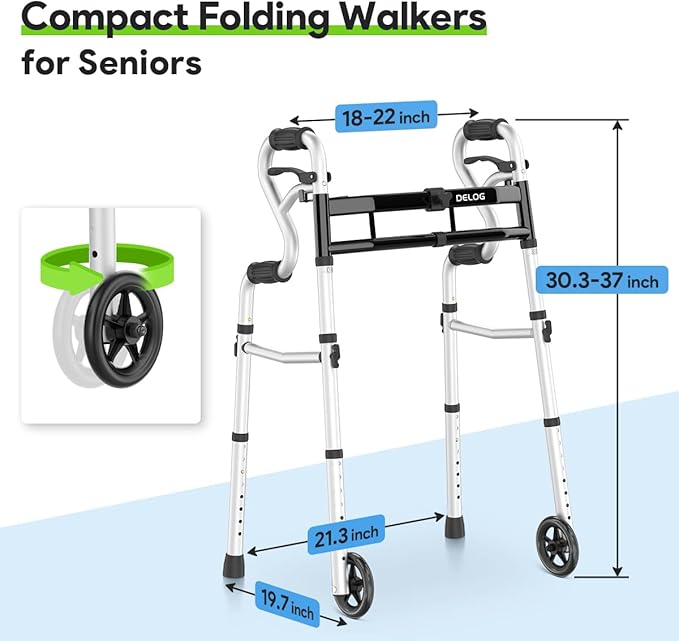 Delog Narrow Folding Walker for Seniors, 3 in 1 Folding Walker with 5” Front Wheels Width Adjustable Compact Standard Walker Support Up to 350lbs (Black)