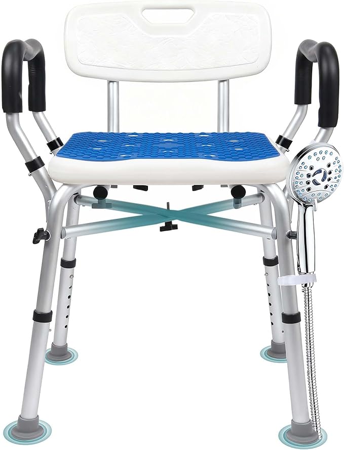 Shower Chair for Inside Shower 500lbs - Bariatric Shower Seat with Arms & Back, 6 Height Adjustment & Reinforced Crossbars for Elderly/Disabled Adults, Blue