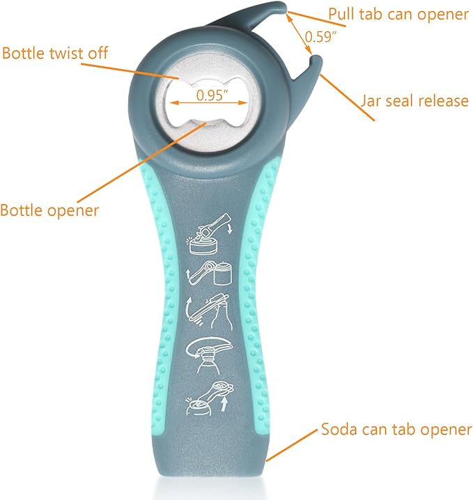 Jar Opener, 5 in 1 Multi Function Can Opener Bottle Opener Kit with Silicone Handle Easy to Use for Children, Elderly and Arthritis Sufferers (JAR-blue2.0)