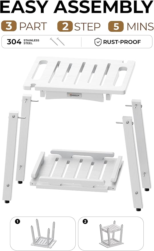 Shower Bench Seat, Non-Slip Shower Benches for Inside Shower to Sit on, HDPE Waterproof Shower Stool for Shaving Legs, Shower Chair with Adjustable Feet for Bathroom, Indoor/Outdoor Use, White
