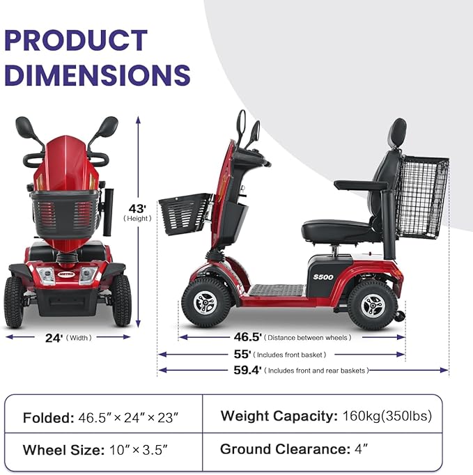Metro Mobility Powered Mobility Scooters, 4 Wheel Mobility Scooters for Adults, 350 lbs Capacity Folding Mobility Scooter, 25 Miles Long Travel Range Scooter for Seniors Red