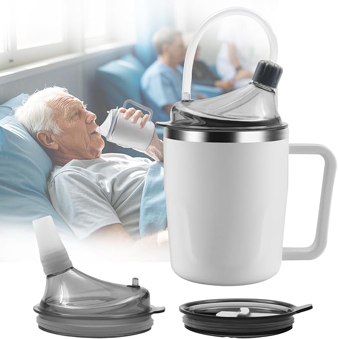 Adult Spill Proof Cup for Elderly, 3 in 1 Stainless Steel Sippy Cup with Straw and 2 Lids, Suitable for Seniors Disabled Patients Limited Mobility, 14 OZ