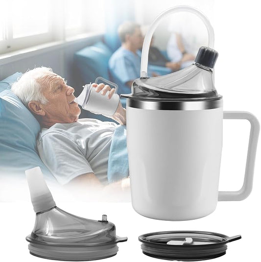 Adult Spill Proof Cup for Elderly, 3 in 1 Stainless Steel Sippy Cup with Straw and 2 Lids, Suitable for Seniors Disabled Patients Limited Mobility, 14 OZ