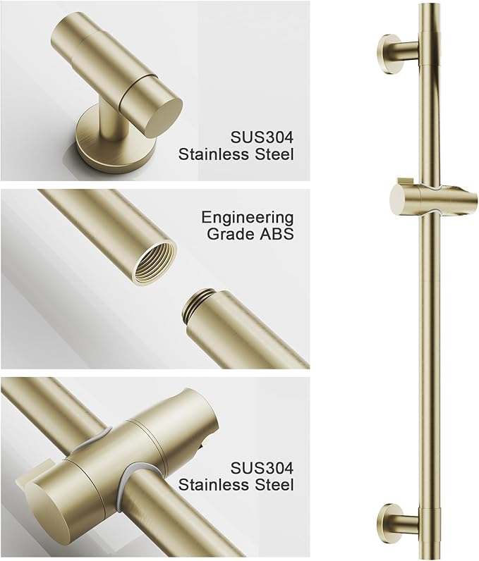 Shower Slide Bar Handheld Shower Head with Hose, 5-Function Hand Shower with Wall Mount，shower slide bar,adjustable height shower head (A-round, Brushed Gold)
