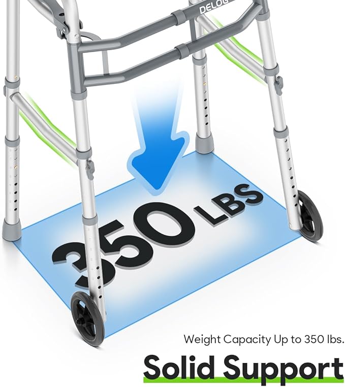 Delog Narrow Folding Walker for Seniors with Trigger Release and 5 Inches Wheels, Lightweight Supports Up to 350 lbs, Aluminum Folding Walker for Elderly, Handicapped and Disabled