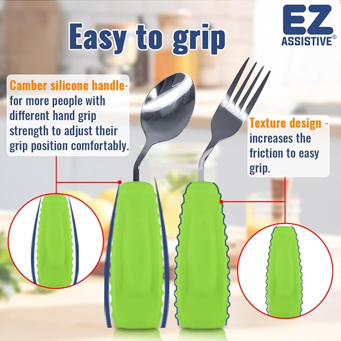 Adaptive Utensils, Weight Utensils for Tremors and Parkinson Patients, Utensil Set Spoon and Fork for Elderly (Left Hand - 1 Set Green Spoon and Fork)