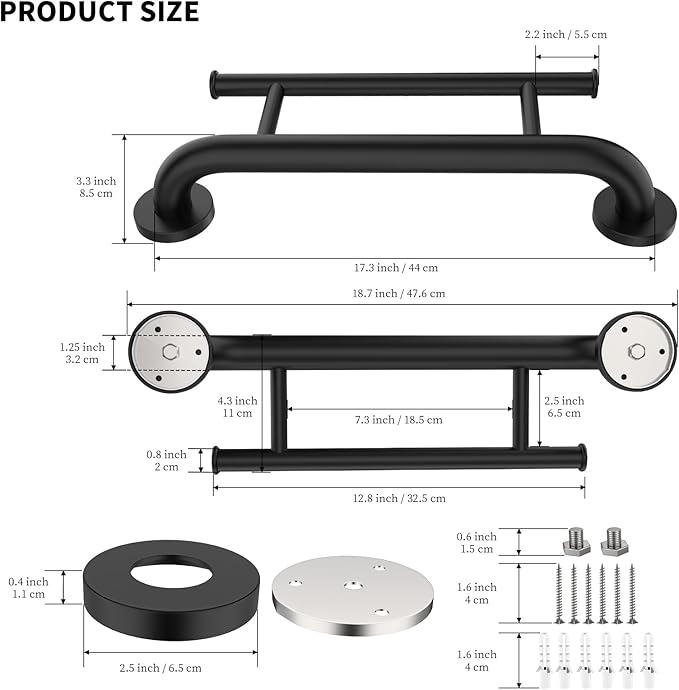 Oil Rubbed Black Grab Bar 17 Inch w/Towel Holder, iHansee Stainless Steel Shower Towel Bar Bathroom Balanced Support Handle, Wall Mount Safety Handrail Grab Rail for Elderly Senior Handicap Disabled