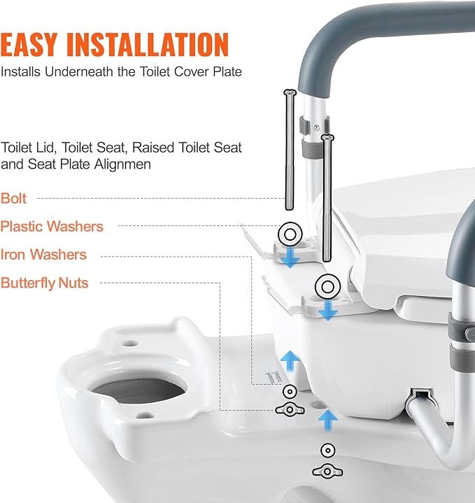 VEVOR Raised Toilet Seat, 3.5" Height Raised, 300 lbs Weight Capacity, for Standard Round Toilet, Aluminum Handrail, with EVA Armrest Padding, for Elderly, Handicap, Patient, Pregnant, Medical