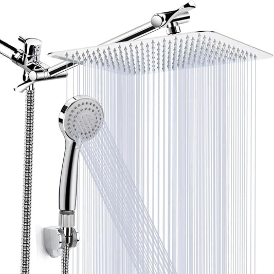 Shower Head , 8 Inch High Pressure Rainfall Shower Head / Handheld Showerhead Combo with 11 Inch Extension Arm, Anti-leak Shower Head with Holder/ Hose, Flow Regulator, Chrome