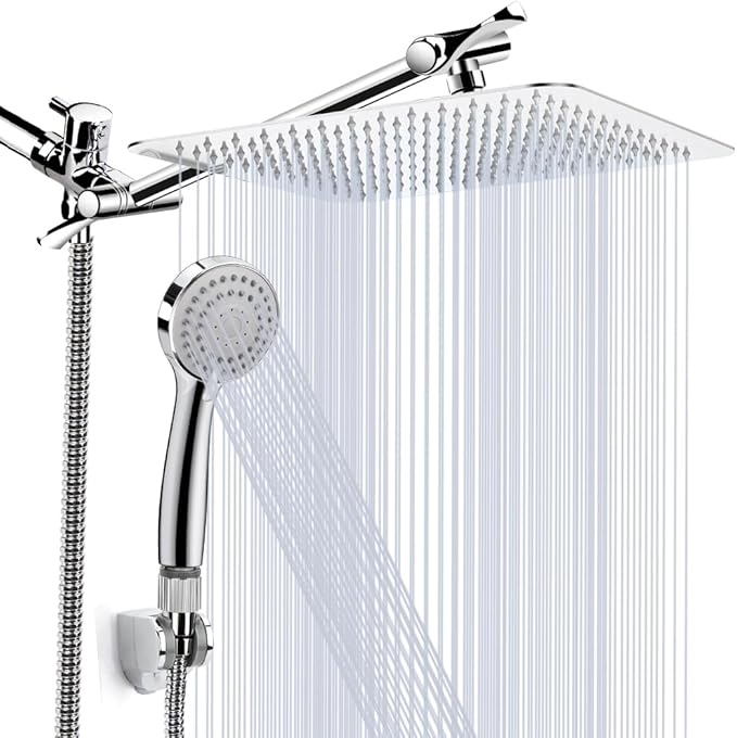 12'' Shower Head, High Pressure Rainfall Shower Head/Handheld Showerhead Combo with 11” Extension Arm, Anti-leak Shower Head with Holder/Hose, Flow Regulator - Chrome