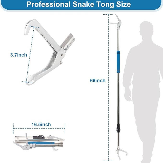 Snake Grabber Reacher Tool, 69" Snake Catcher Tongs Long Handle Heavy Duty Reptile Rattlesnake Catch Tongs Snake Tool Wide Jaw Stainless Steel Sponge Wrapped Handle (Blue)