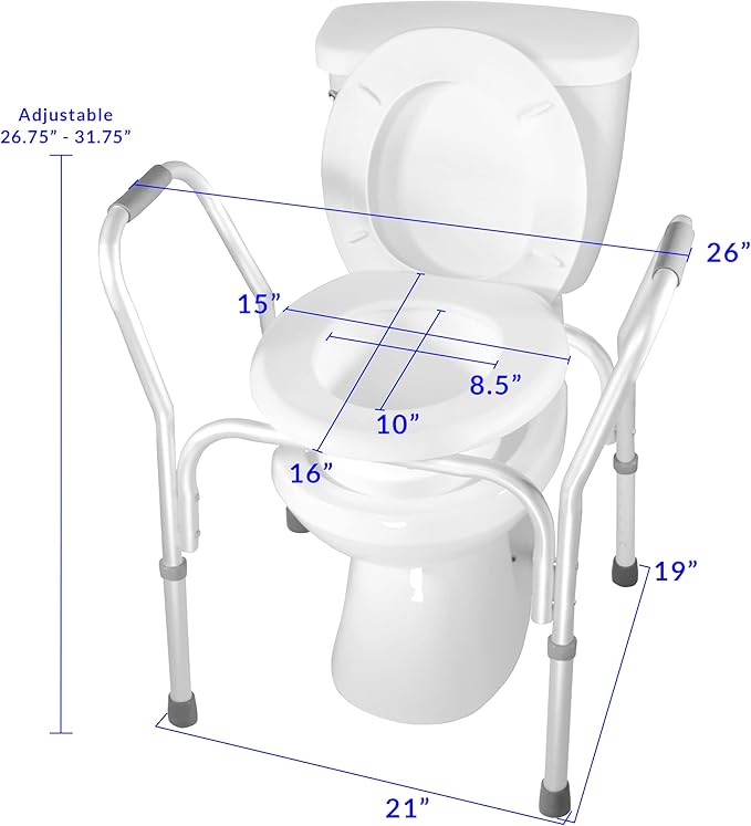 PCP Raised Toilet Seat and Safety Frame (Two-in-One), Wide Arms Rests, Adjustable Rise Height, Secure Elevated Lift Over Bowl, Made in USA, Wide Arms