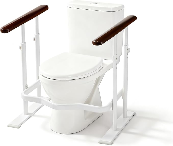 Toilet Safety Rails for Seniors - Toilet Safety Frame with Dual Pillars, Waterproof Nighttime Reflective Base, 3-Speed Height Adjustment (Brown, Double Pillar)