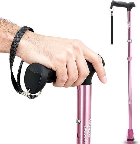 HEALTHBAZAAR All Terrain Walking Cane for Men & Women, Lightweight, Foldable, Adjustable, Shock Absorption, Collapsible Walking Stick for Seniors & Adults | HealthBazaar