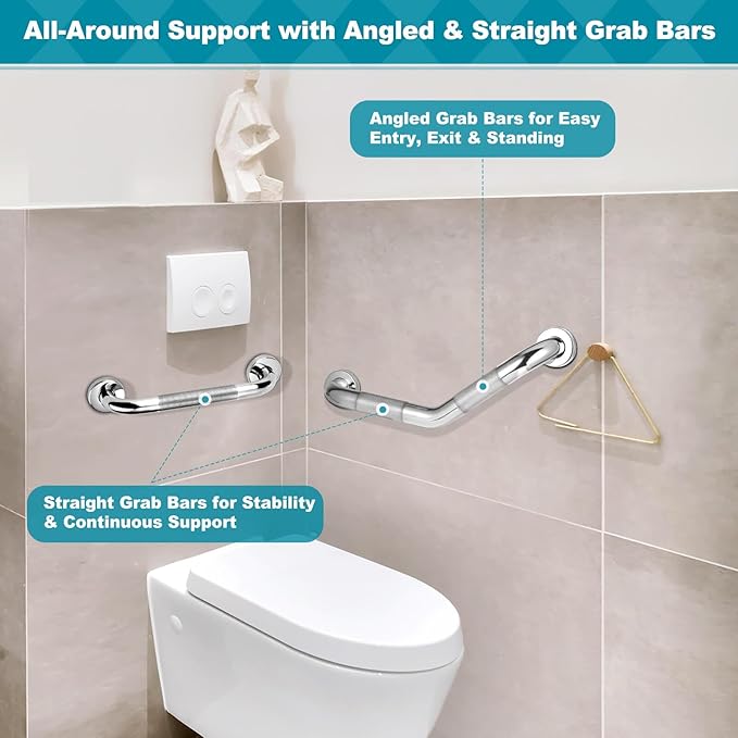 Grab Bars for Bathtubs and Showers, 16-Inch and 12-Inch Anti-Slip Bathroom Shower Grab Bars for Seniors Wall, Safety Angled Handicap Grab Bars Stainless Steel, Shower Handle for Elderly, Wall