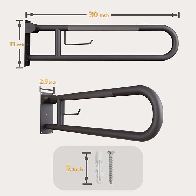 30 Inch Toilet Grab Bar, Matte Black Fold Down Grab Bar with Paper Holder, Knurled Anti-Slip Grab Bars for Toilet, Stainless Steel Handrails Toilet for Seniors Disabled Elderly Pregnant