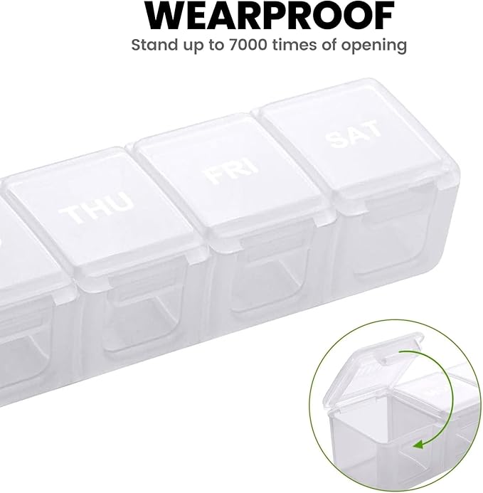 Sukuos Extra Large Weekly Pill Organizer, 7 Day Daily Pill Box Case Arthritis Friendly, Silkscreen Printed Medicine Container with Clear Lid for Vitamins, Fish Oils or Supplements (White)